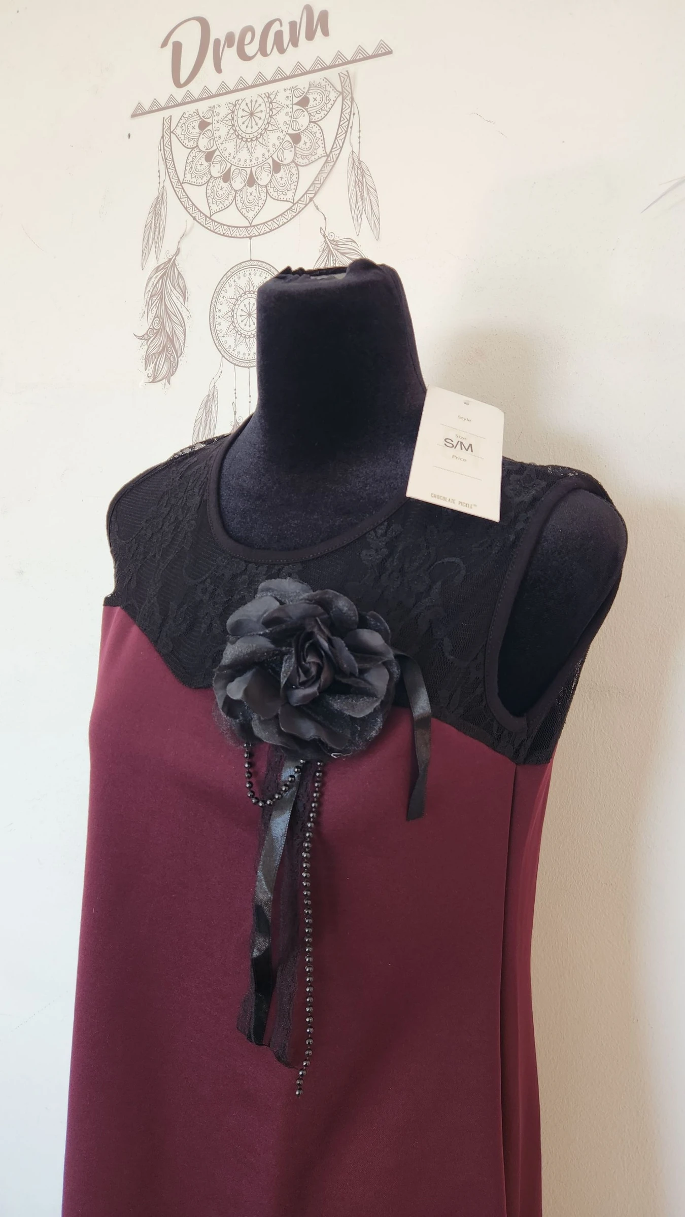 Bordeaux kleed en zwarte kant met afneembare decoratieve bloem●Maat S/M●✿ – photo 4